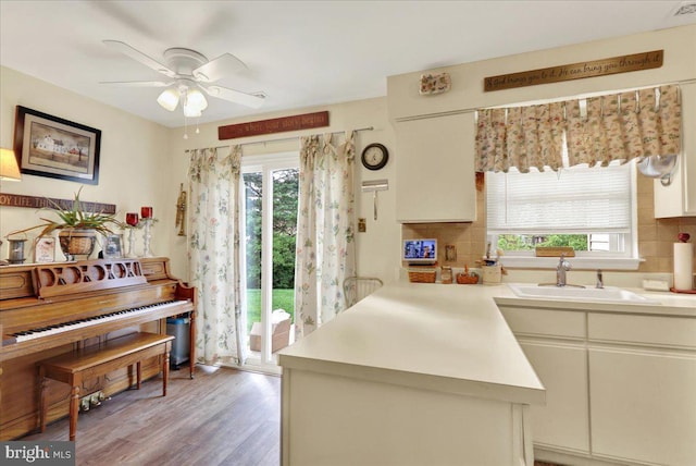kitchen with a sink, light countertops, and decorative backsplash