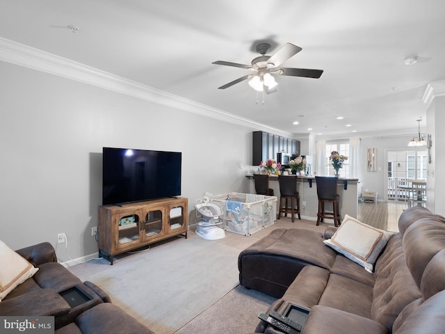 1390 Parish Ave, Claymont, DE 19703 - living area featuring crown molding, a ceiling fan, baseboards, recessed lighting, and light carpet