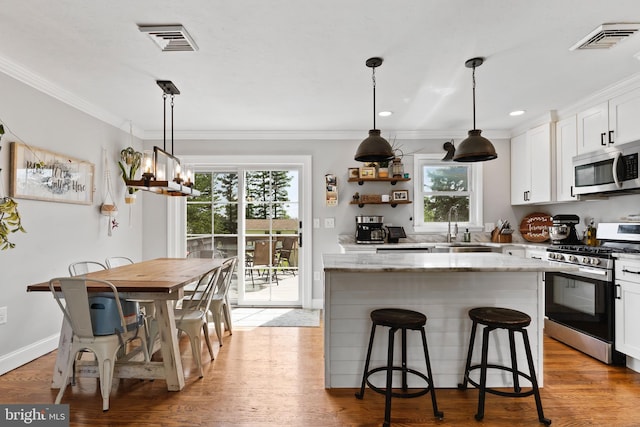 kitchen with appliances with stainless steel finishes, a sink, ornamental molding, plenty of natural light, and a center island