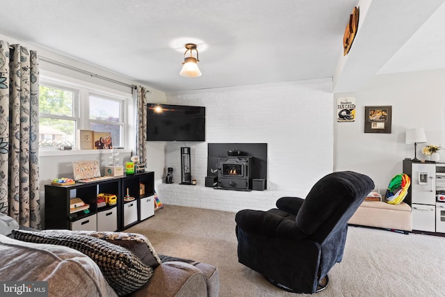 bedroom featuring carpet and a wood stove