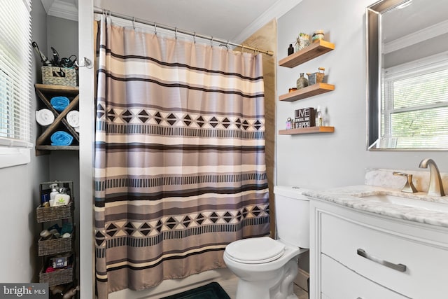 bathroom featuring crown molding, toilet, vanity, and a shower with shower curtain
