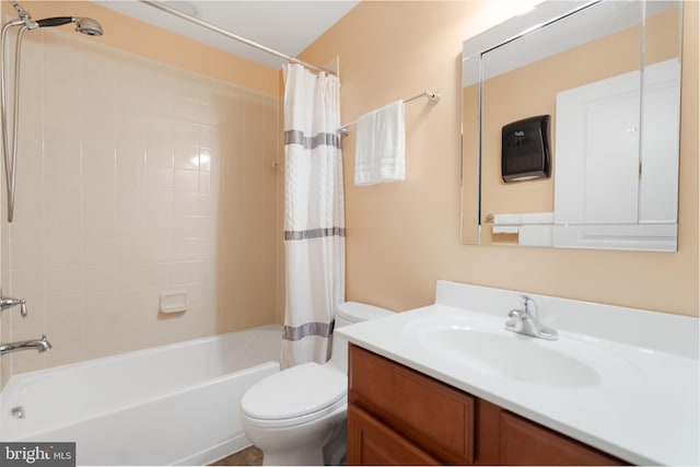 bathroom with toilet, vanity, and shower / tub combo with curtain