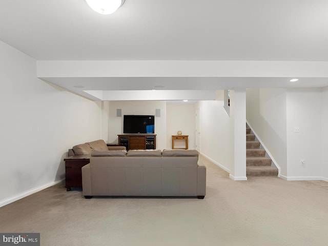 living room featuring light carpet, baseboards, stairway, and recessed lighting