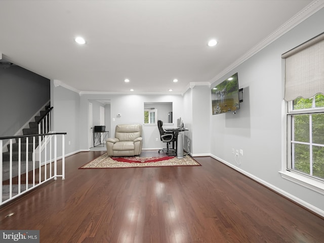 living room featuring crown molding, stairway, wood finished floors, recessed lighting, and baseboards