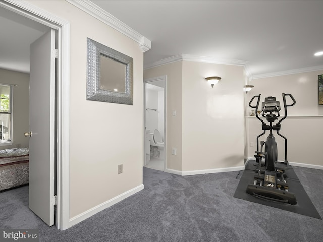 workout area featuring ornamental molding, carpet flooring, and baseboards