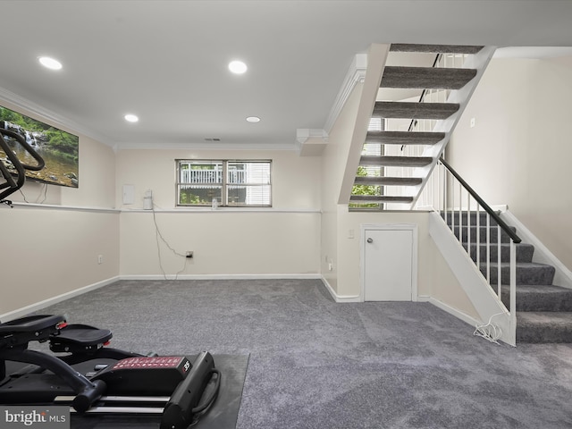exercise room featuring crown molding, carpet, recessed lighting, and baseboards