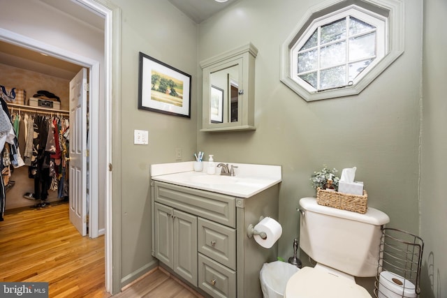 26882 Pratt Rd, Salisbury, MD 21801 - bathroom featuring wood finished floors, vanity, toilet, a spacious closet, and baseboards
