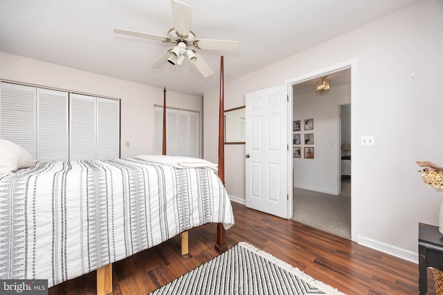 26882 Pratt Rd, Salisbury, MD 21801 - bedroom featuring wood finished floors, multiple closets, baseboards, and ceiling fan