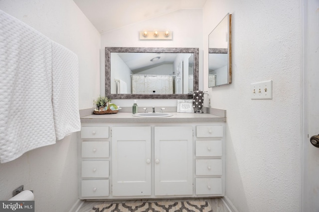 26882 Pratt Rd, Salisbury, MD 21801 - bathroom featuring vaulted ceiling, vanity, baseboards, and curtained shower