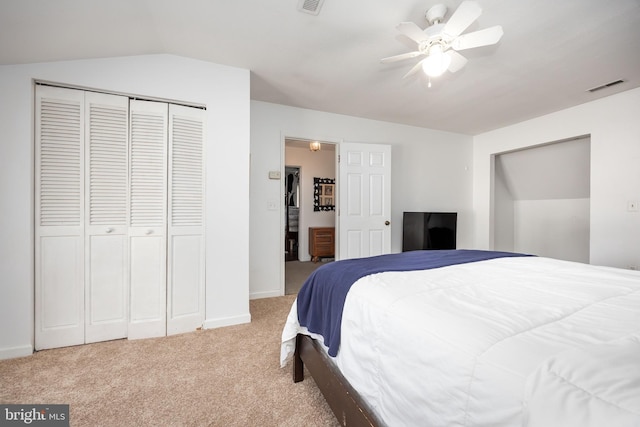 26882 Pratt Rd, Salisbury, MD 21801 - bedroom featuring carpet, a closet, baseboards, vaulted ceiling, and ceiling fan