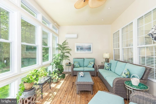 111 Central Parke E, Ocean Pines, MD 21811 - sunroom / solarium with an outdoor hangout area, an AC wall unit, ceiling fan, and hardwood / wood-style floors