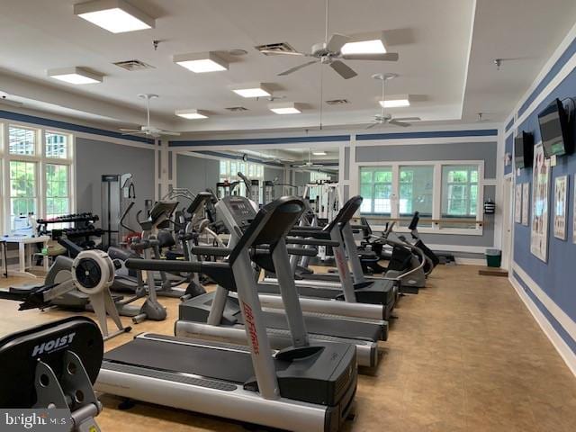 111 Central Parke E, Ocean Pines, MD 21811 - exercise room featuring a ceiling fan, healthy amount of natural light, a tray ceiling, and baseboards