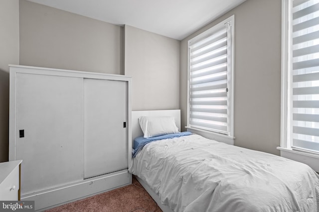 carpeted bedroom featuring multiple windows and a closet