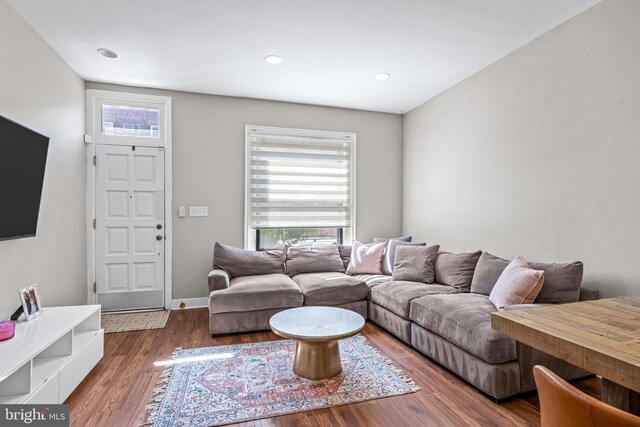 living area with healthy amount of natural light, wood finished floors, and recessed lighting