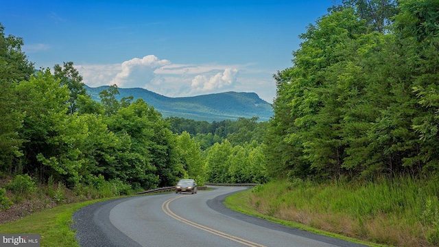 view of mountain background featuring a heavily wooded area