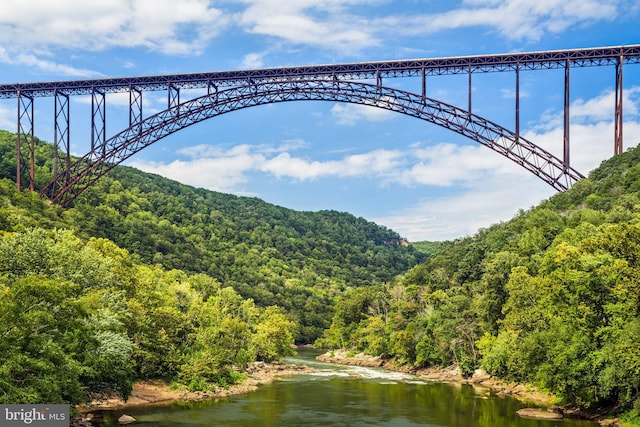 drone / aerial view of a notable bridge and a heavily wooded area