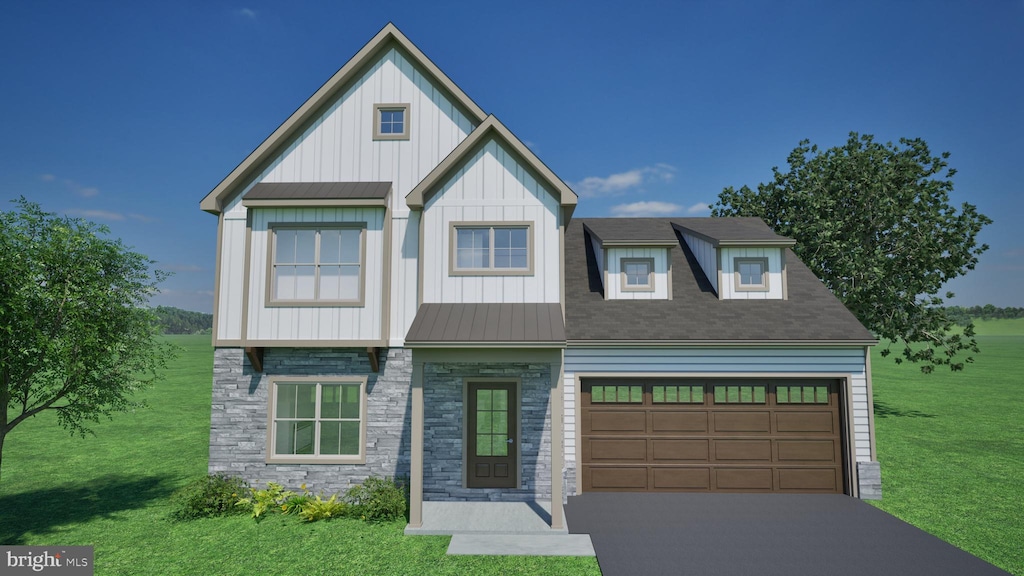 218 Parkside Pl Lot 27, Lancaster, PA 17602 - view of front of home featuring stone siding, a front lawn, driveway, a garage, and board and batten siding