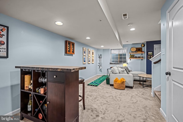 recreation room with carpet, baseboards, and recessed lighting