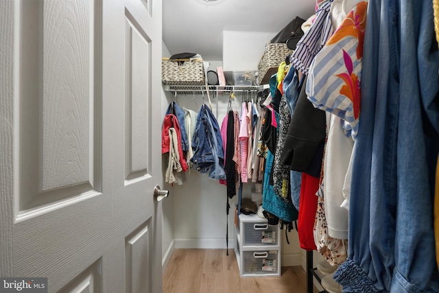walk in closet with wood finished floors