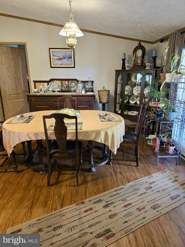 dining space featuring ornamental molding, wood finished floors, and a textured ceiling