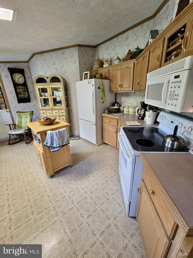 kitchen featuring white appliances, crown molding, a textured ceiling, wallpapered walls, and open shelves
