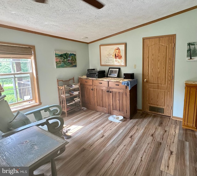 home office with light wood-type flooring, lofted ceiling, crown molding, and a textured ceiling