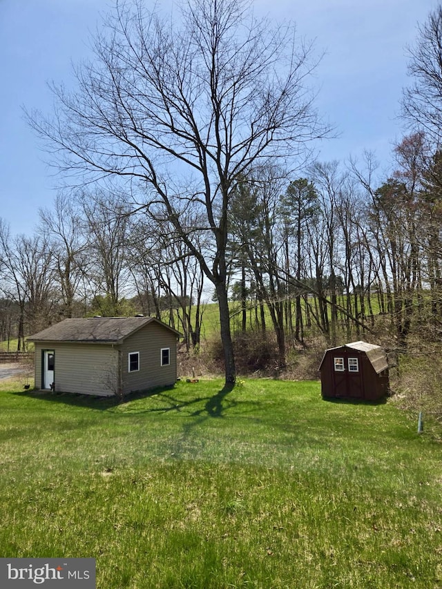 view of green lawn featuring an outbuilding and a shed