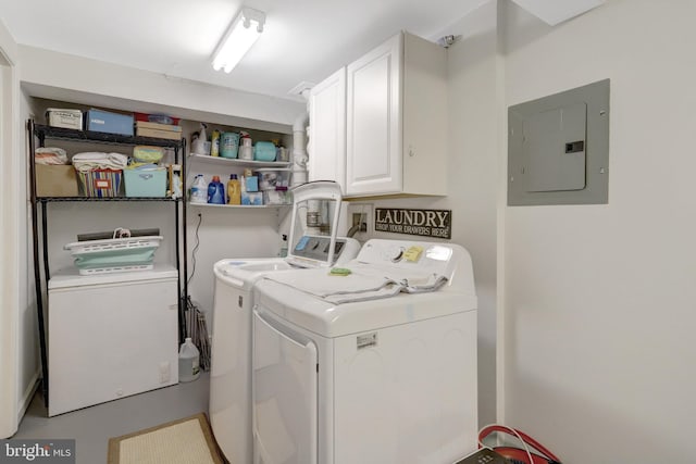 2914 6th St S, Arlington, VA 22204 - laundry room featuring electric panel, washing machine and clothes dryer, and cabinet space