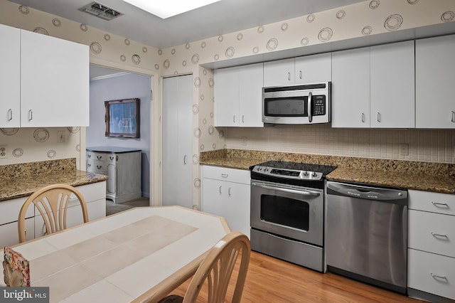2 High Stepper Ct Unit 201, Baltimore, MD 21208 - kitchen with stainless steel appliances, white cabinets, light wood finished floors, tasteful backsplash, and dark stone countertops