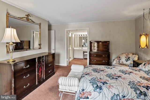2 High Stepper Ct Unit 201, Baltimore, MD 21208 - bedroom featuring ornamental molding, carpet flooring, baseboards, ensuite bathroom, and a sink