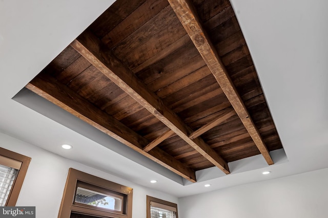 detailed view of wooden ceiling, recessed lighting, and beamed ceiling