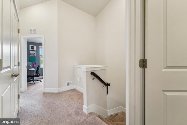 7853 Bluelick Run Rd, Baltimore, MD 21244 - hall featuring carpet floors, an upstairs landing, baseboards, and an office area