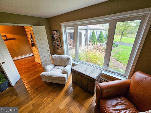 living area featuring a baseboard radiator and hardwood / wood-style floors