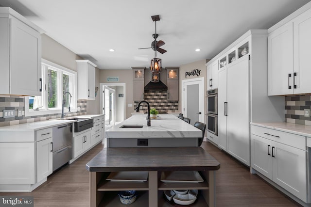 36 Boone Trl, Severna Park, MD 21146 - kitchen with stainless steel appliances, open shelves, a sink, tasteful backsplash, and recessed lighting