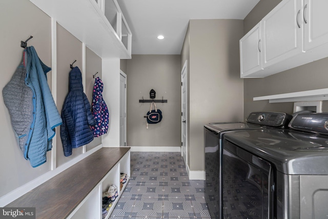 36 Boone Trl, Severna Park, MD 21146 - laundry area with washing machine and clothes dryer, cabinet space, baseboards, dark floors, and recessed lighting