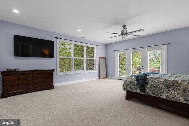 36 Boone Trl, Severna Park, MD 21146 - carpeted bedroom with access to exterior, french doors, baseboards, recessed lighting, and a ceiling fan