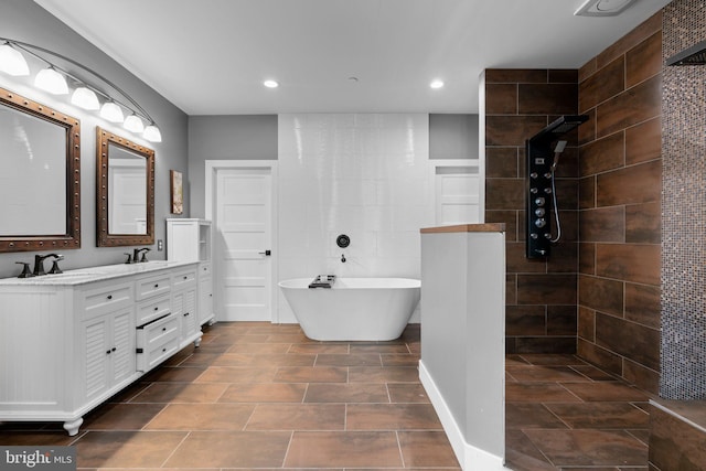 36 Boone Trl, Severna Park, MD 21146 - full bathroom with double vanity, a walk in shower, a freestanding tub, and recessed lighting