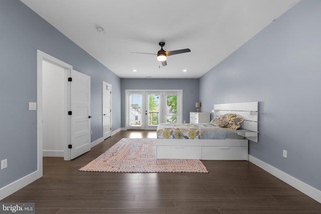 36 Boone Trl, Severna Park, MD 21146 - bedroom with baseboards, dark wood-type flooring, access to outside, recessed lighting, and ceiling fan