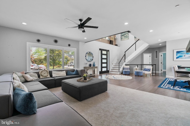 36 Boone Trl, Severna Park, MD 21146 - living room with wood finished floors, ceiling fan, recessed lighting, and stairs