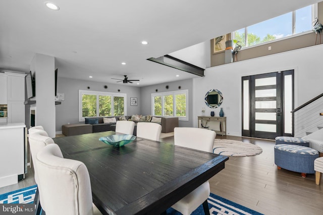 36 Boone Trl, Severna Park, MD 21146 - dining area with recessed lighting, stairs, ceiling fan, and light wood-style flooring