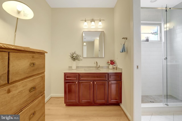 1807 N Barton St, Arlington, VA 22201 - bathroom featuring a shower stall, wood finished floors, vanity, and baseboards