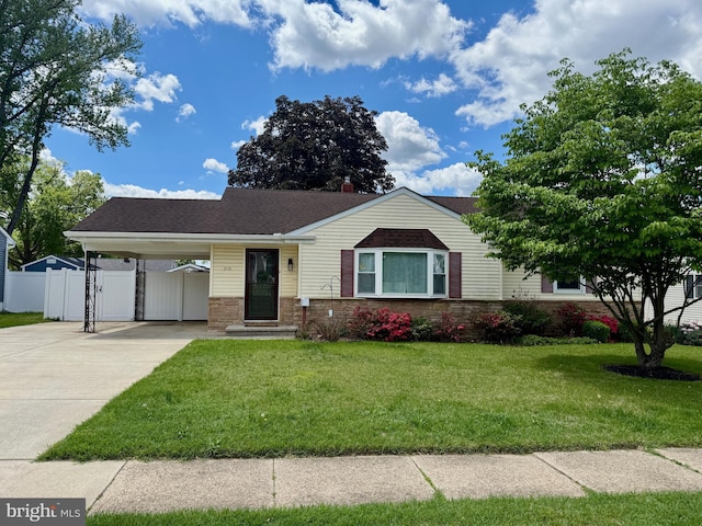 single story home with driveway, a carport, brick siding, and a shingled roof