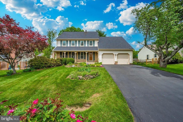 traditional home featuring a garage, asphalt driveway, and covered porch