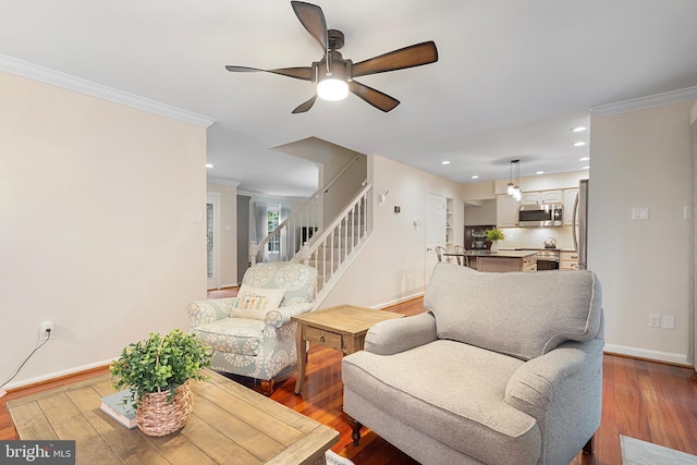 5731 Wooden Spoon Ct, Burke, VA 22015 - living area with stairs, ceiling fan, baseboards, wood finished floors, and crown molding