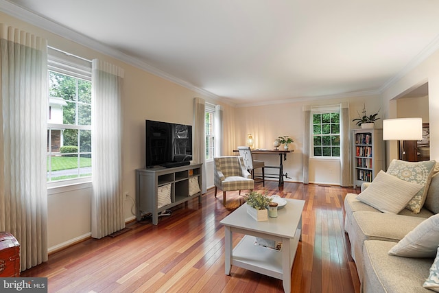 5731 Wooden Spoon Ct, Burke, VA 22015 - living area featuring healthy amount of natural light, ornamental molding, hardwood / wood-style flooring, and baseboards