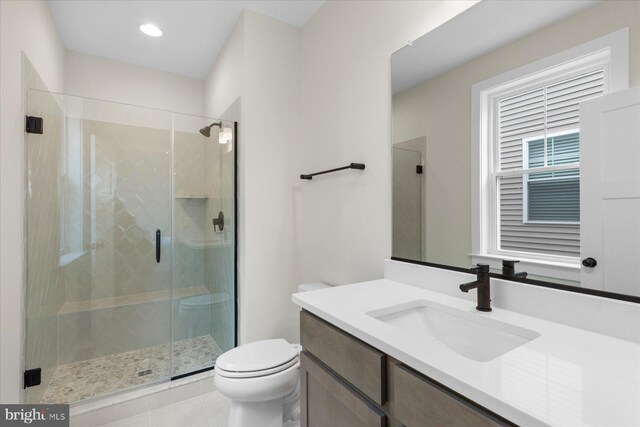 31447 Watershed Ln Unit 2, Bethany Beach, DE 19930 - full bath featuring toilet, a shower stall, vanity, tile patterned floors, and recessed lighting