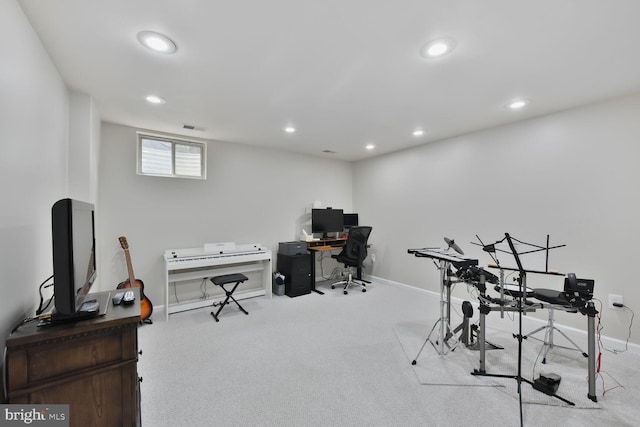 carpeted home office with recessed lighting and baseboards