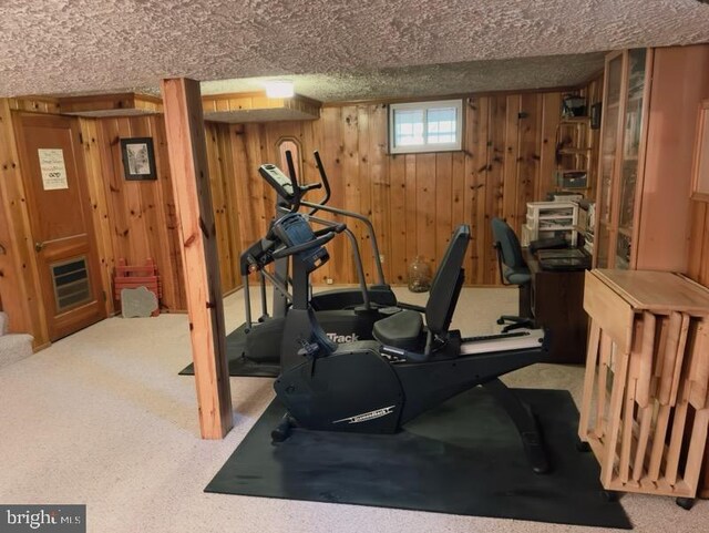 exercise area featuring wood walls, carpet flooring, and a textured ceiling