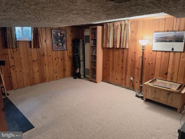 basement with carpet and wooden walls