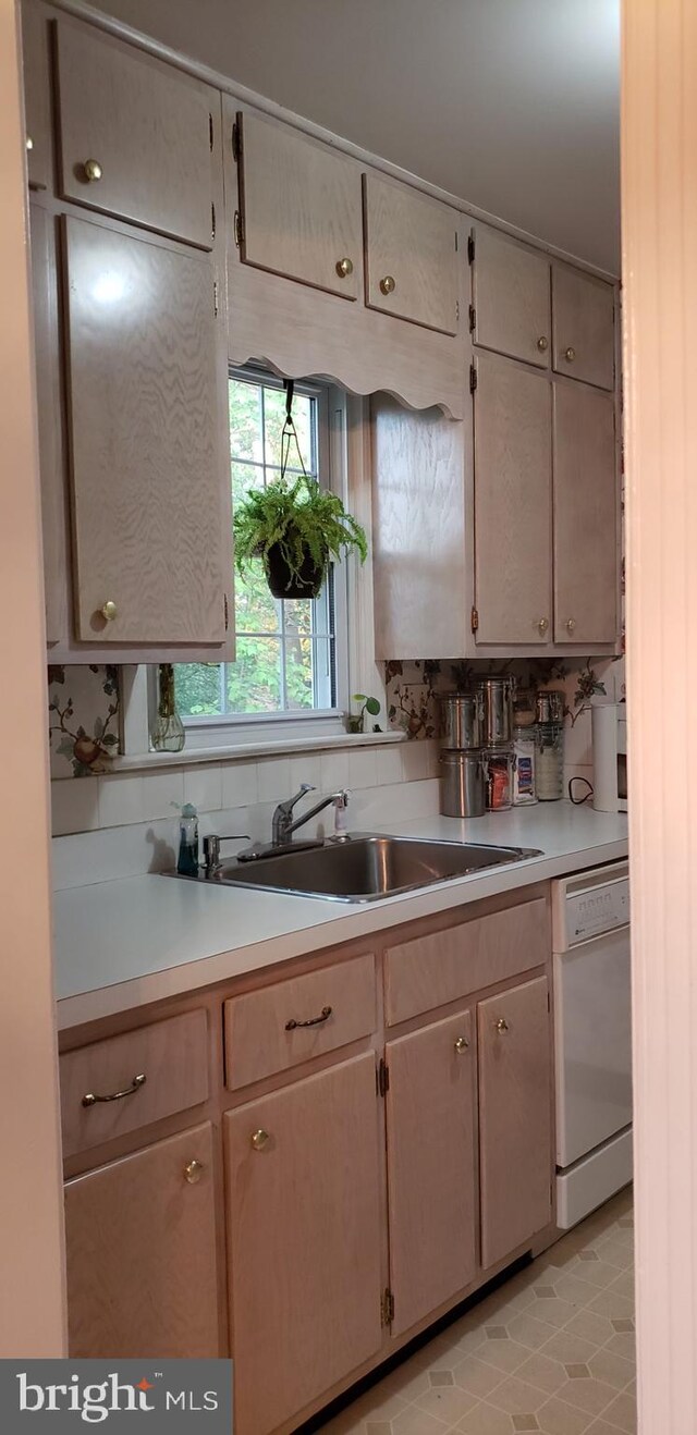 kitchen with dishwasher, light countertops, a sink, and tasteful backsplash